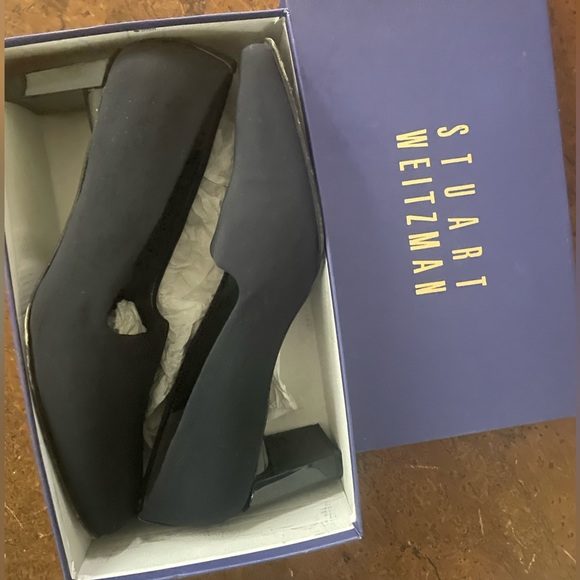 Stuart Weitzman Vintage 1990s Square Toe Pumps 10.5 Narrow Navy Micro-stretch - Picture 1 of 5